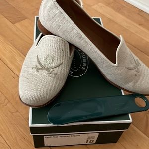 Gently worn Stubbs and Wootton loafers linen flax pirate embroidery.